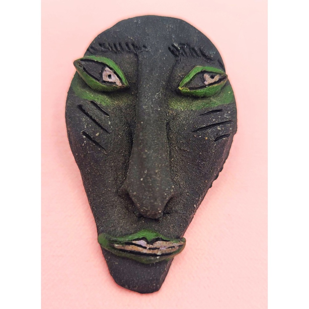 Handmade Clay Face Brooch Pin - Black & Green, Art Theme, Unisex Adults Tribal